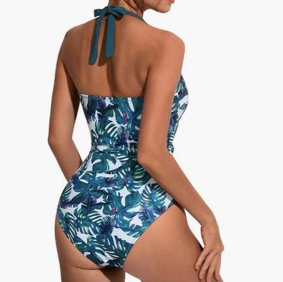 Women's Tropical Leaf Print Halter Top Swimsuit. Size Large. NWOT. - Picture 2 of 6